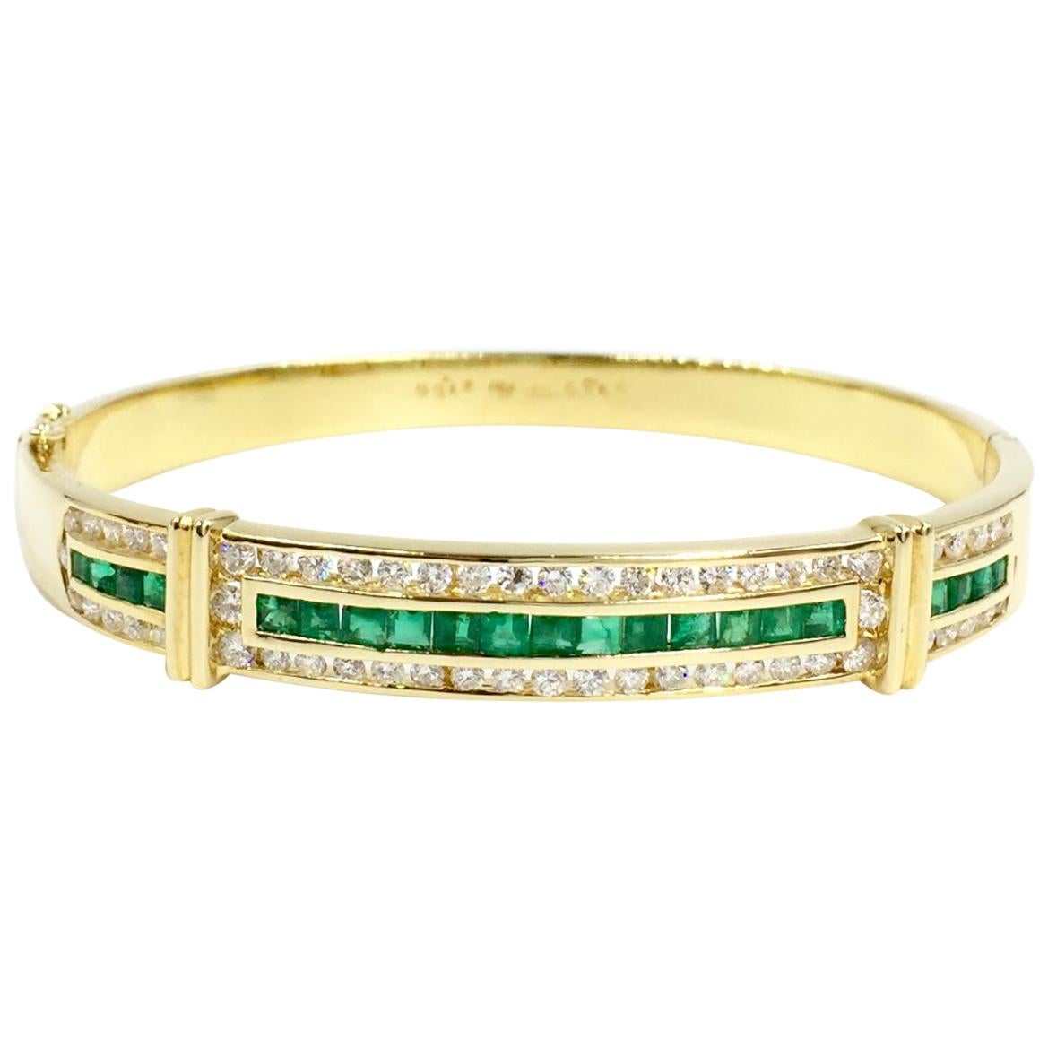 Emerald and Diamond 18 Karat Gold Bangle Bracelet