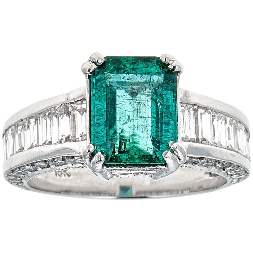 4.5 TCW Emerald cut Green Emerald Baguette Round Diamonds 18k White Gold InStock For Sale