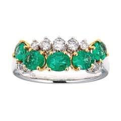 Oval Cut Emerald and 0.37 ct Diamond Accent Band Ring 18k two-tone Gold