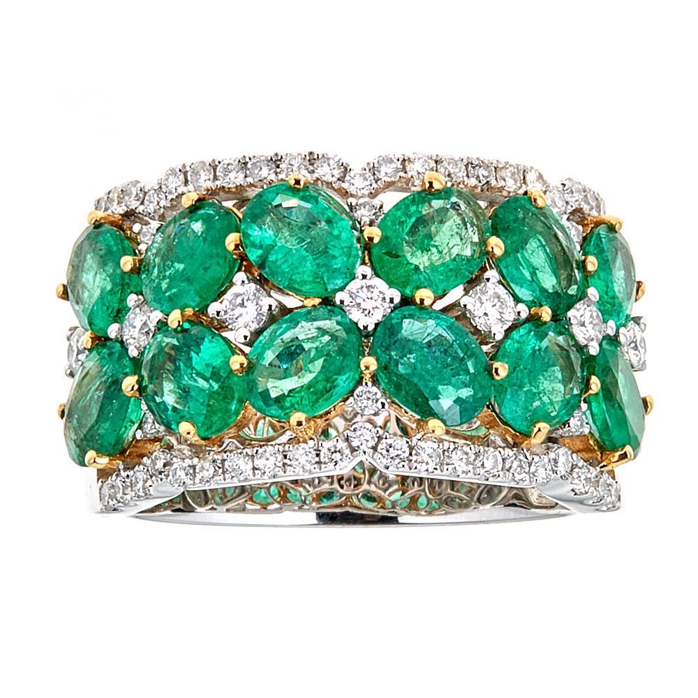 3.7 TCW Emerald and Diamond Royal Engagement Band Ring in 18k White Gold
