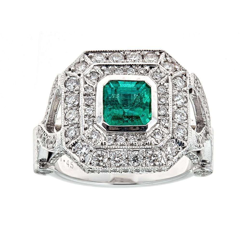 2.45 TCW Radiant Cut Emerald 1 TCW Double Diamond Frame 14 kt White Gold Ring