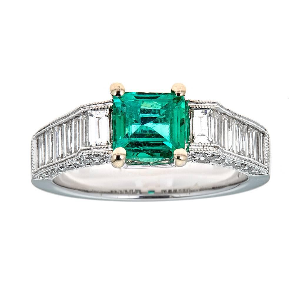 1 TCW Asscher Cut Emerald diamond accent engagement Ring 18k White Gold