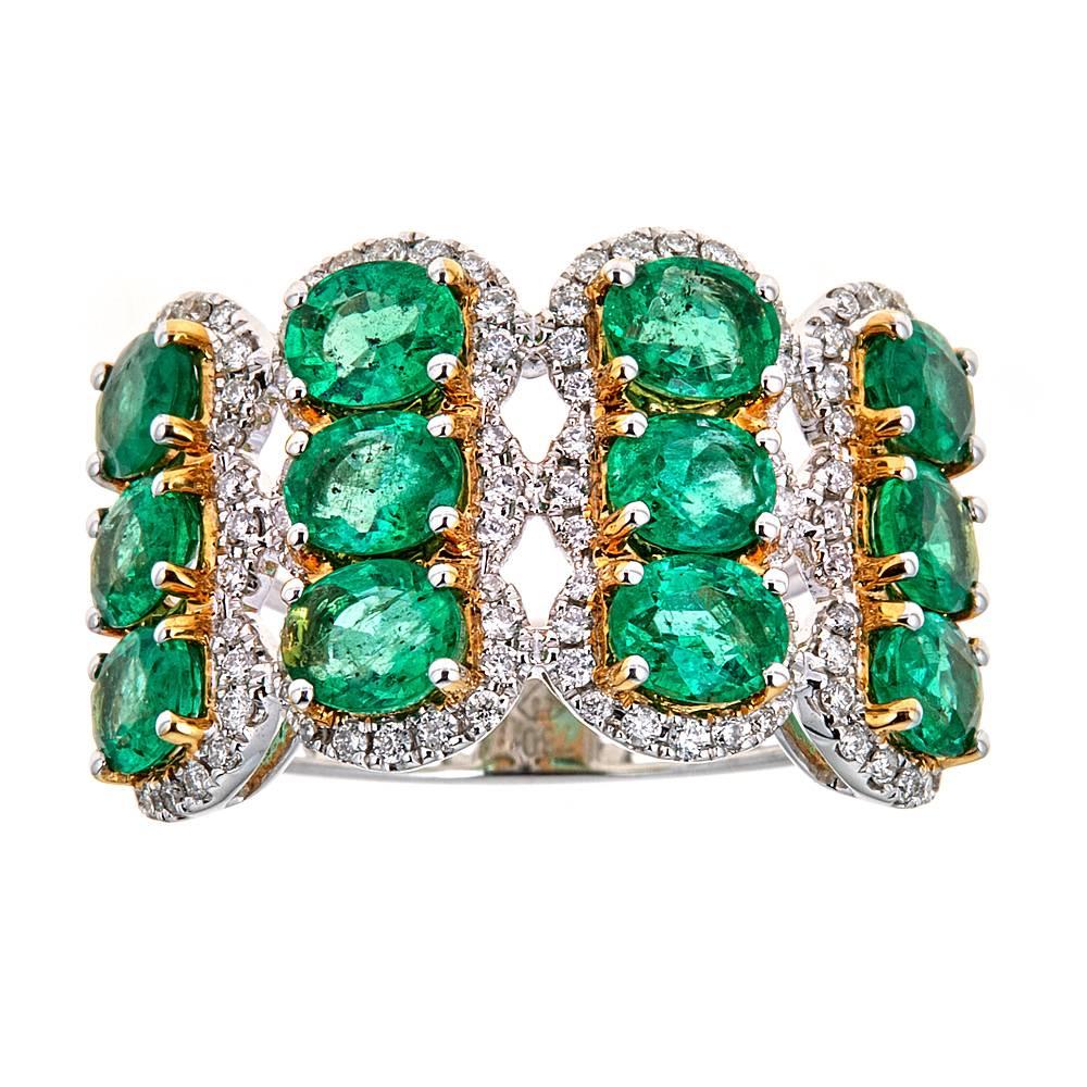 3.55 CT Emerald 0.60 TCW Diamond Accent Cocktail ring in 18 karat white Gold