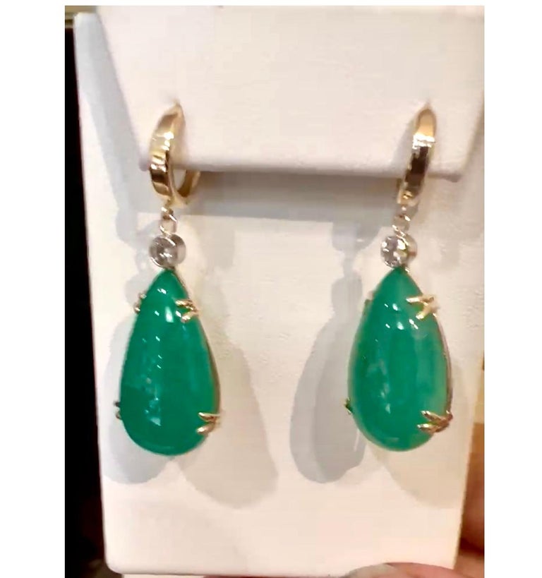 Contemporary 36 Carat Colombian Emerald Diamond Drop Earrings Gold Certified For Sale
