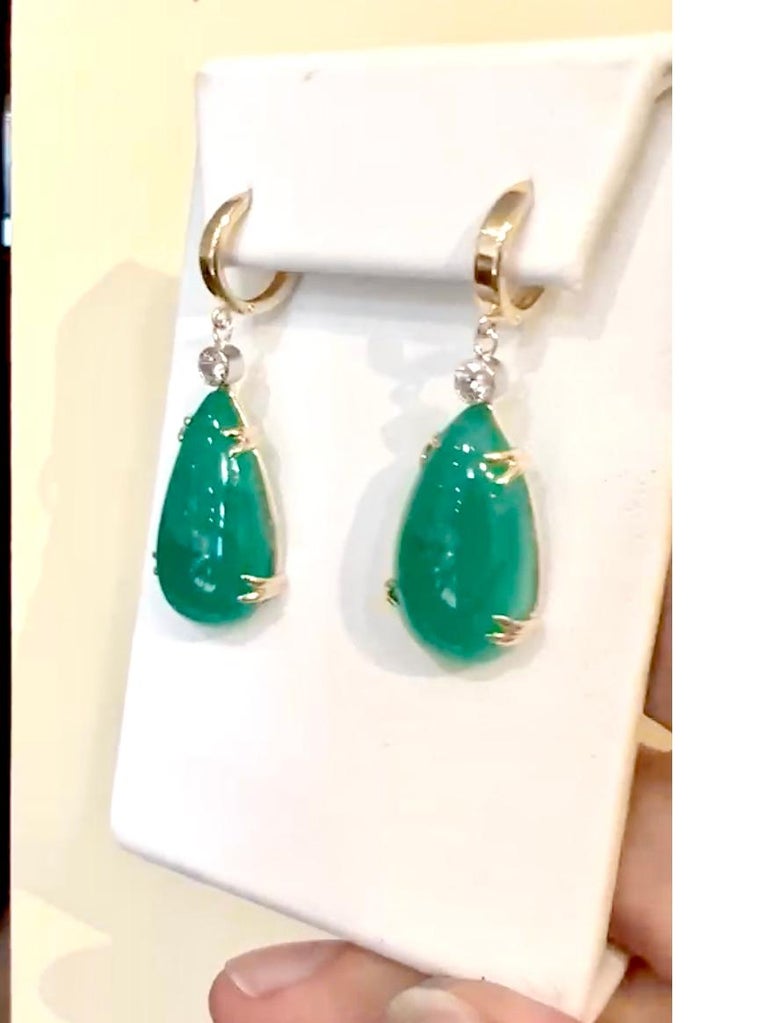 Pear Cut 36 Carat Colombian Emerald Diamond Drop Earrings Gold Certified For Sale