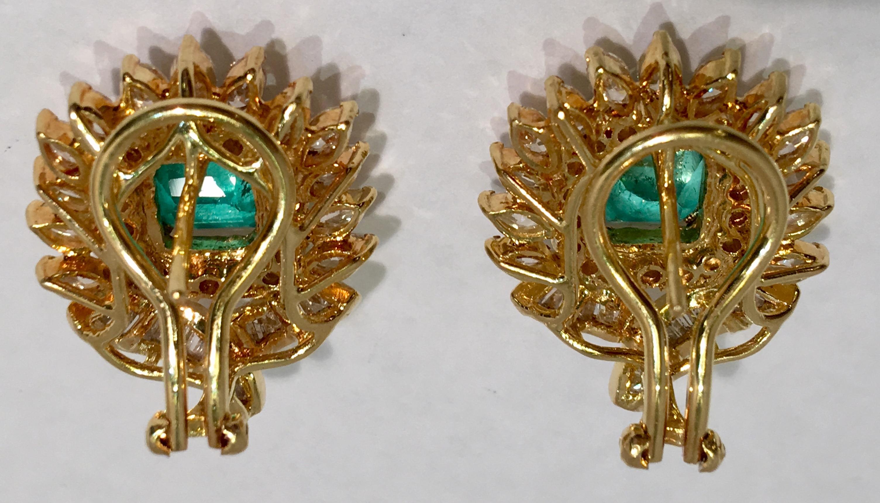 Emerald Cut Exquisite Emerald and Diamond 18 Karat Yellow Gold Earrings with Floral Motif For Sale