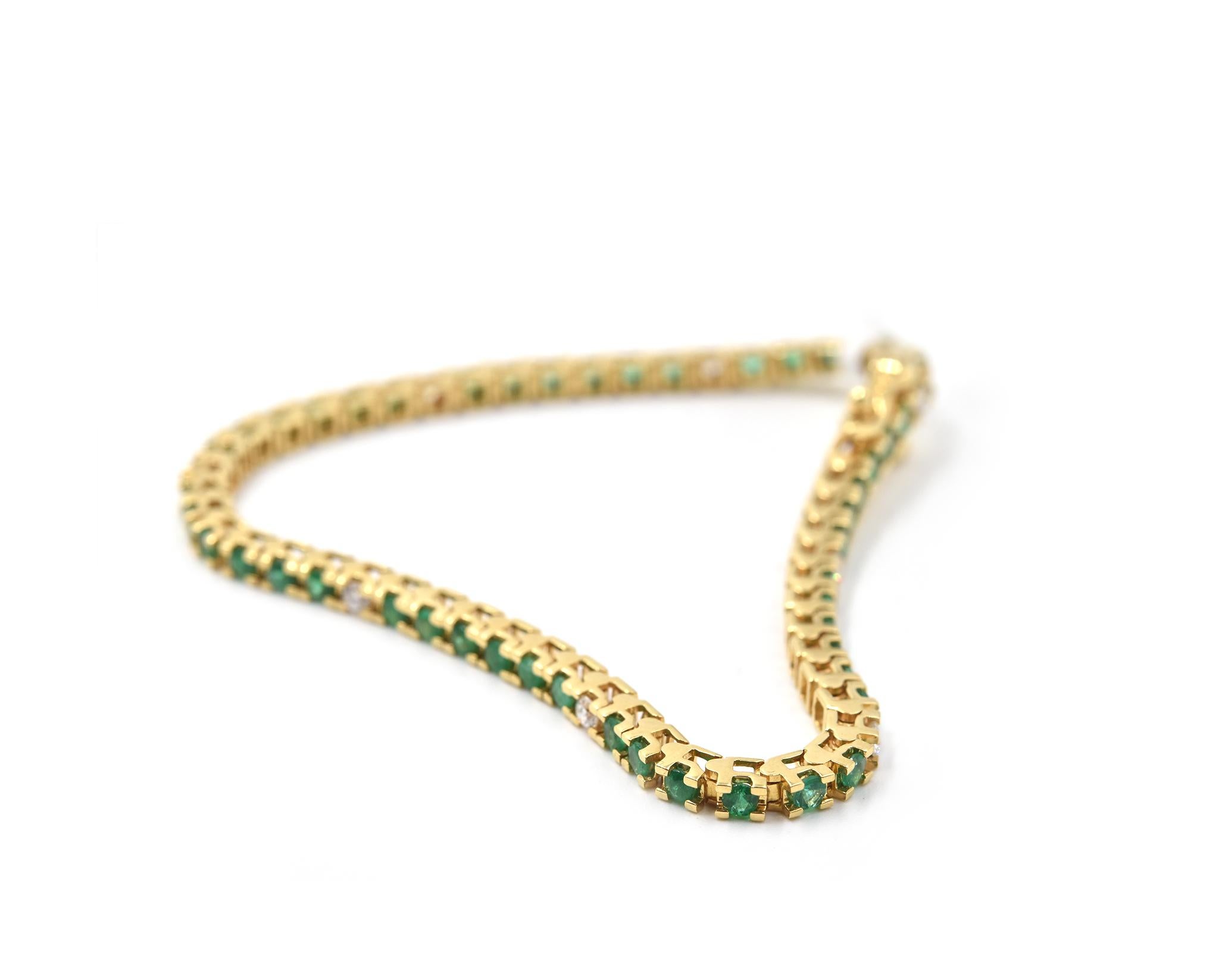 Designer: custom design
Material: 18k yellow gold
Emeralds: round cut 2.06 carat weight
Diamonds: brilliant cut round 0.30 carat weight
Dimensions: bracelet is 7-inch long
Weight: 12.7 grams
