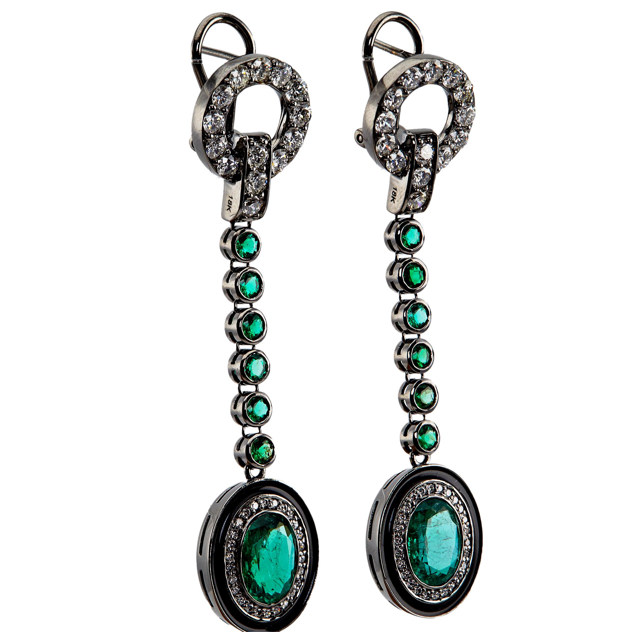 Women's or Men's Emerald and Diamond 18k Blackened White Gold Drop Earrings For Sale