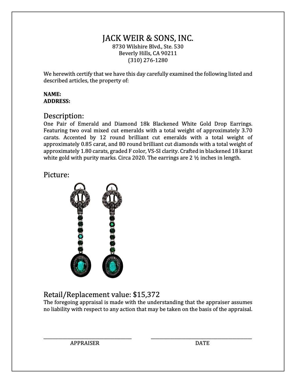 Emerald and Diamond 18k Blackened White Gold Drop Earrings For Sale 1