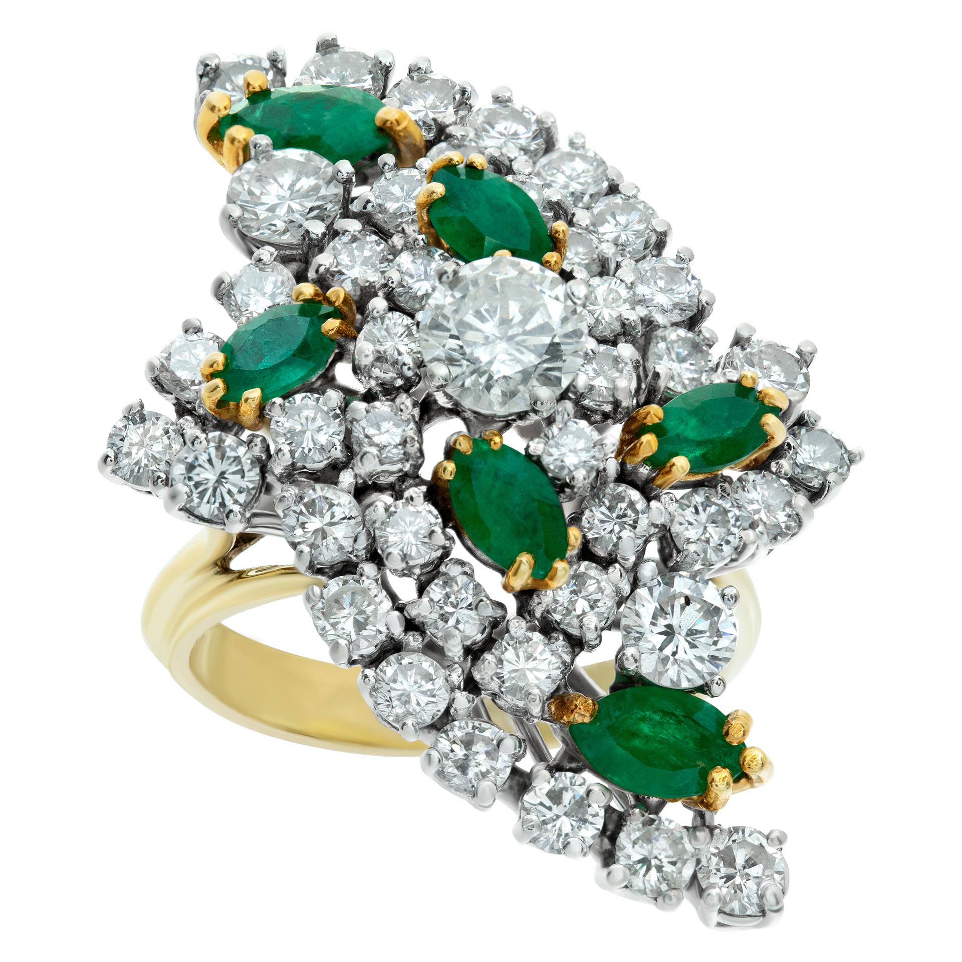 Emerald And Diamond 18k White And Yellow Gold Cocktail Ring 
