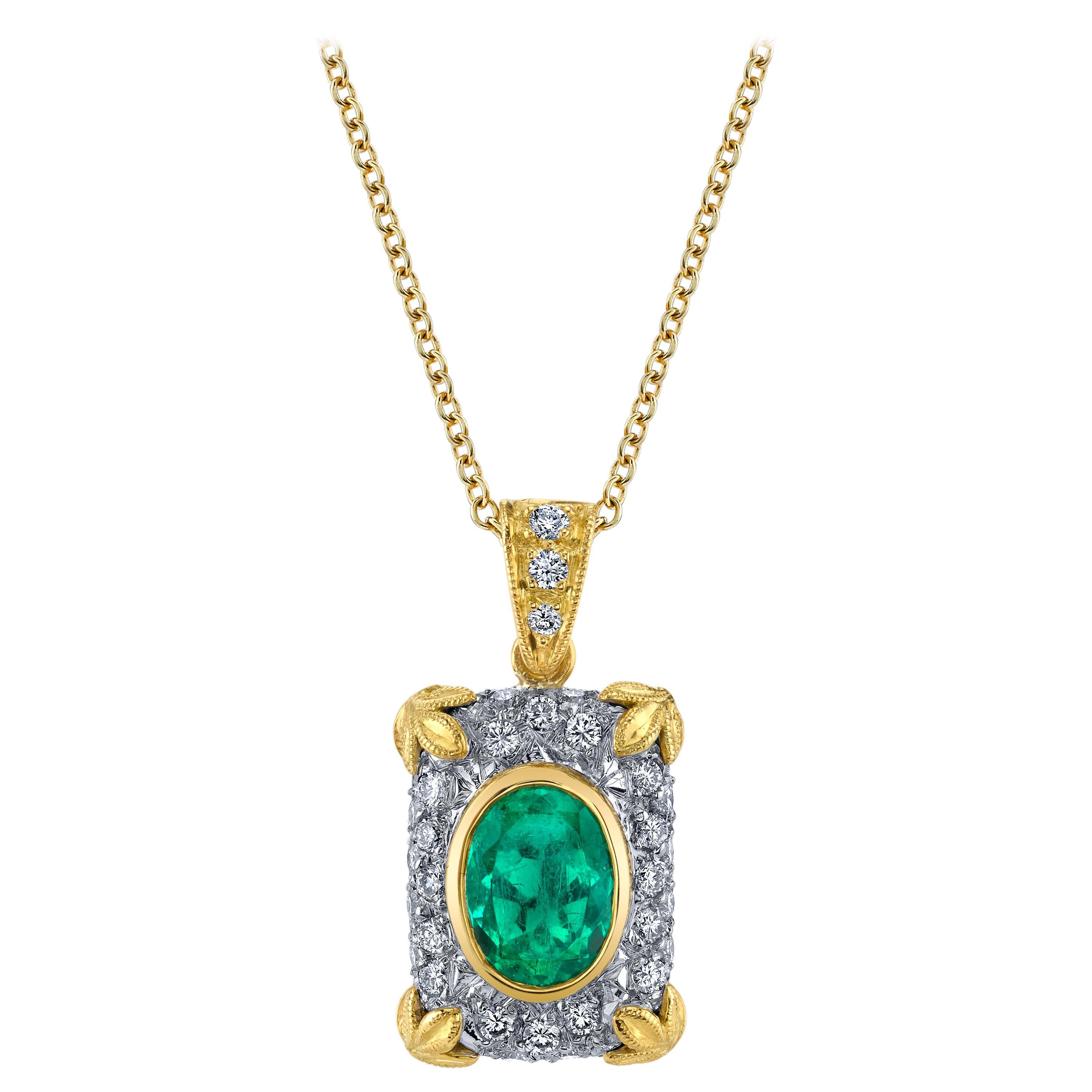 Emerald Oval & Diamond Pave 18k White Gold, Yellow Bezel Rectangular Pendant 