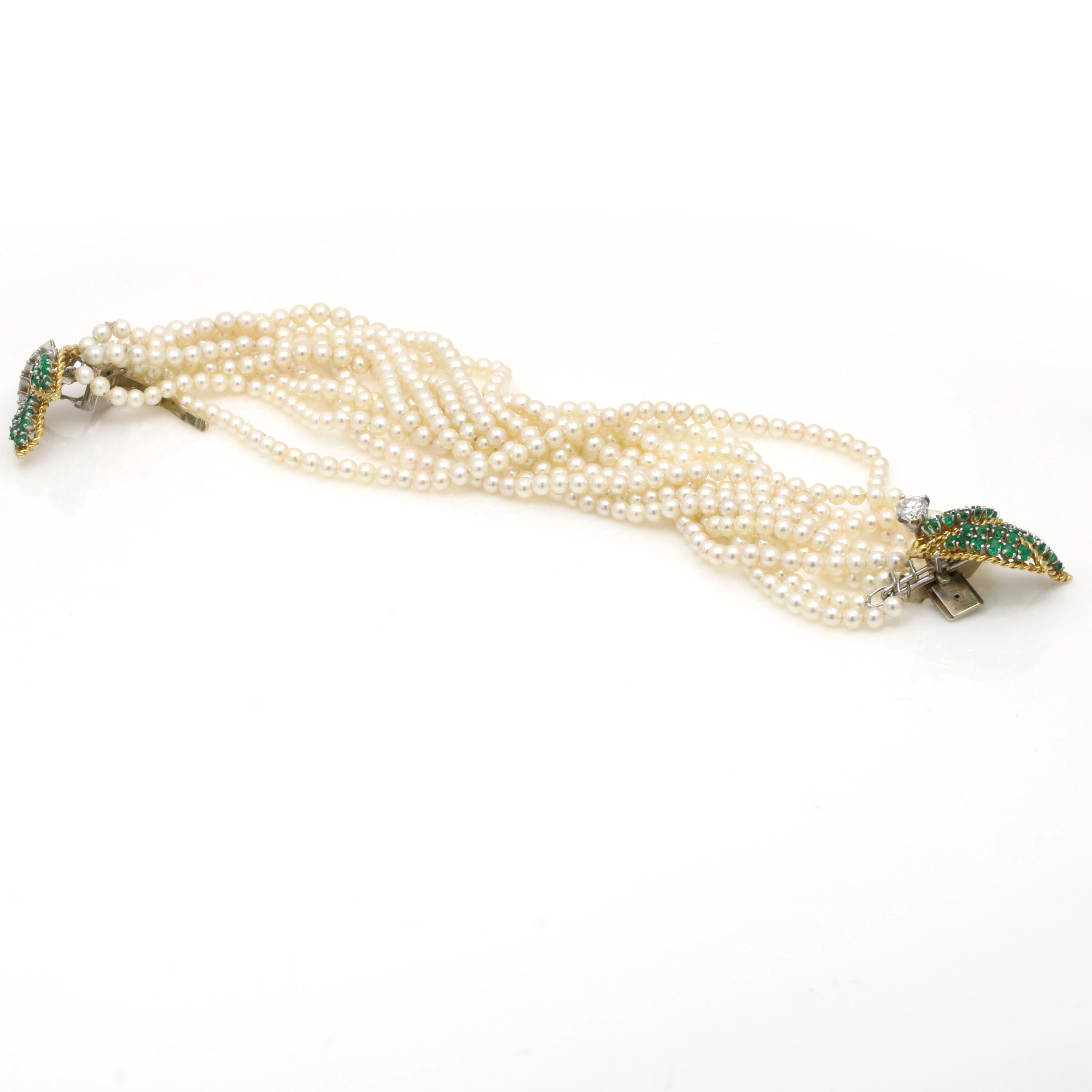 Round Cut Emerald and Diamond 18k Yellow Gold Multi-Strand Seed Pearl Bracelet