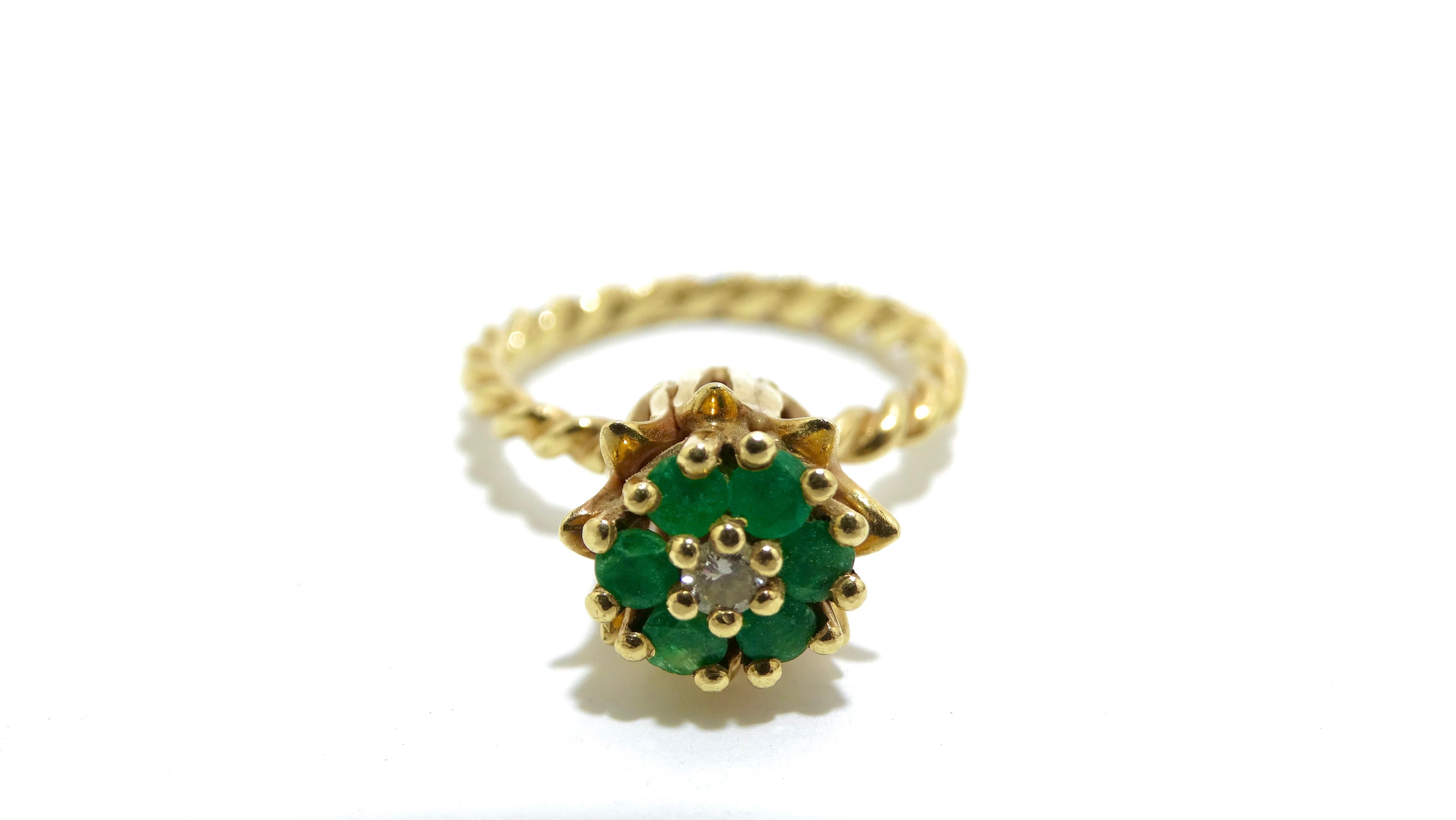 Emerald Cut Emerald and Diamond 1930's Petite Flower Ring