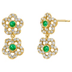 Emerald and Diamond 2.80 Carats Double Floral Yellow Gold 0.90 Inch Earrings