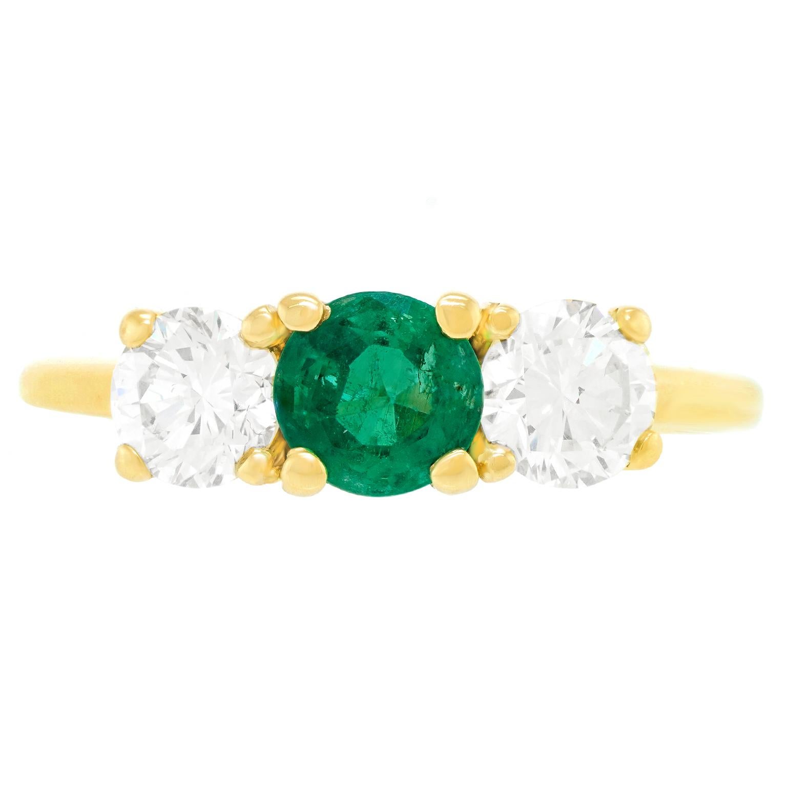 Round Cut Emerald and Diamond 3-Stone Ring For Sale