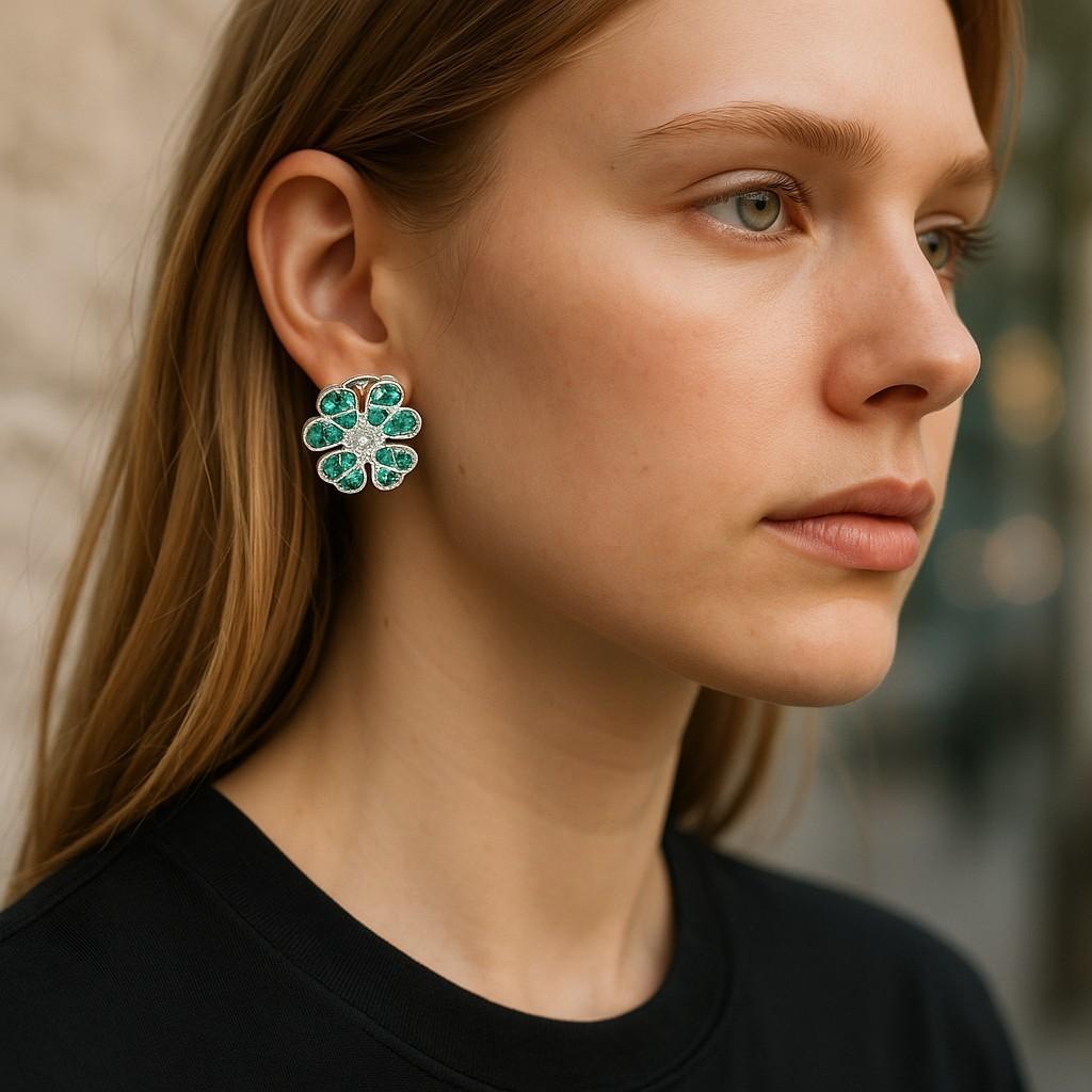 Emerald and Diamond 3.30 Carat 18 Karat Gold Floral 0.85 Inch Clip on Earrings In New Condition For Sale In New York, NY