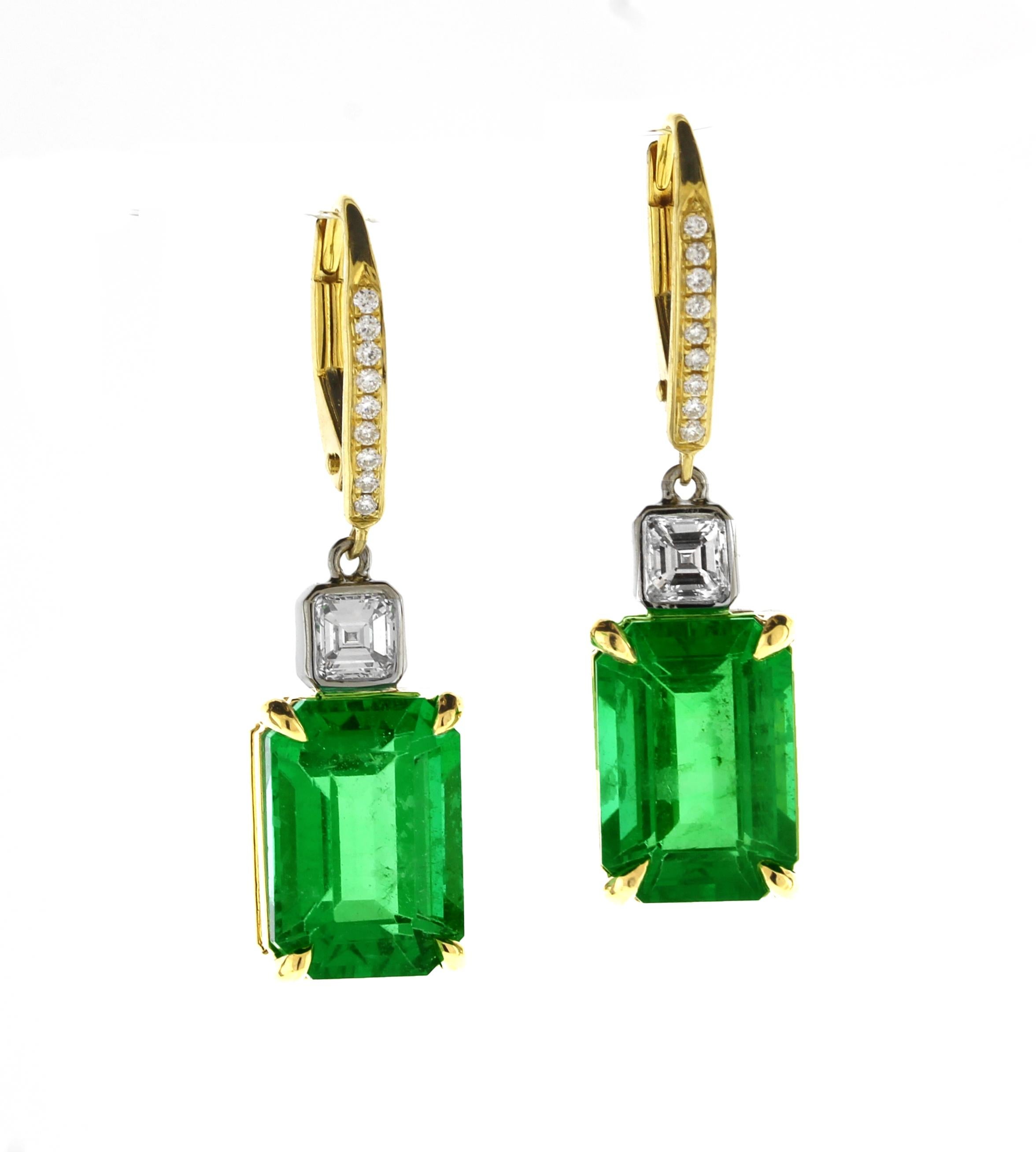 Emerald Cut Emerald and Diamond A.G.L Certified Drop Earrings For Sale