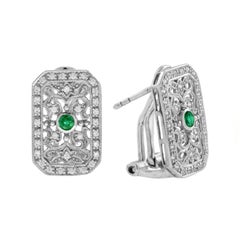 Smaragd und Diamant Filigraner Omega-Ohrring im Antikstil aus 14K Weißgold
