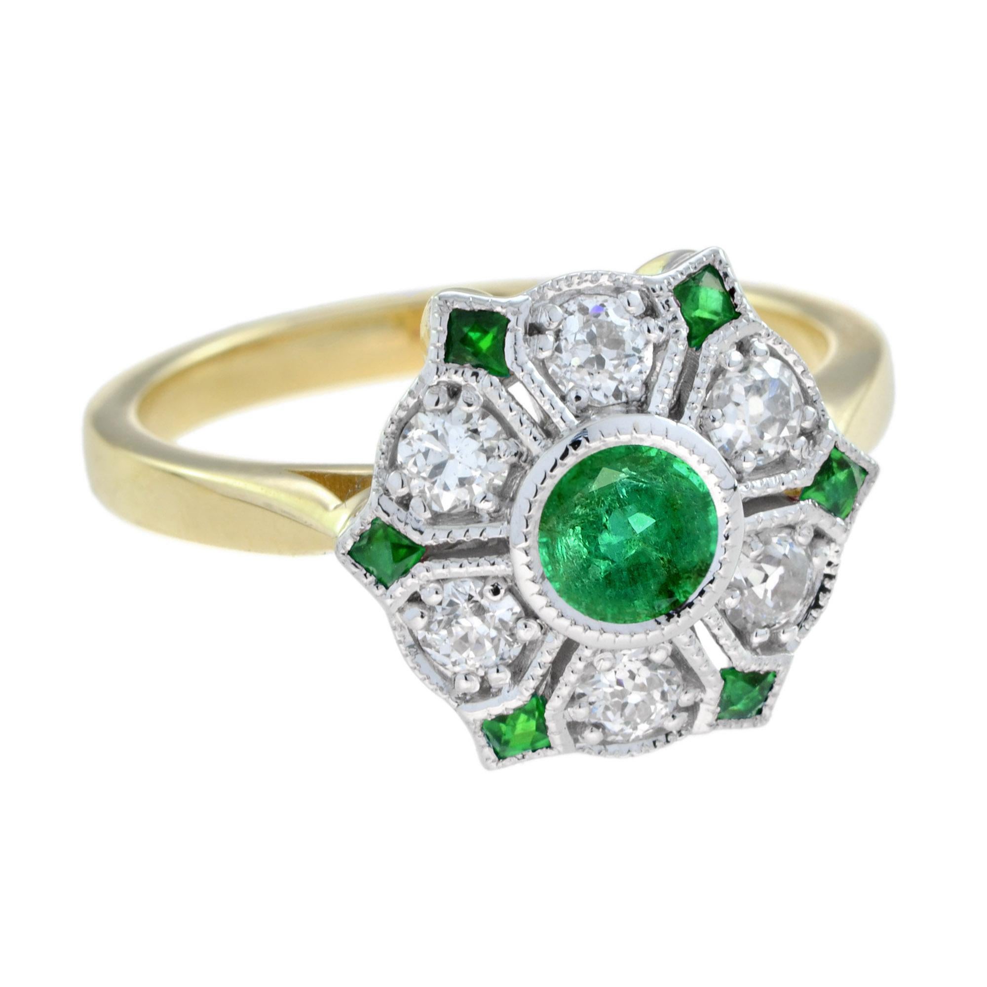 A lovely floral ring for anyone who loves antique-inspired jewelry. Made of round cut emerald and dazzling diamond set on 18k white top diamond part yellow gold. A center emerald form a flower with diamond and French cut emeralds petals design for a