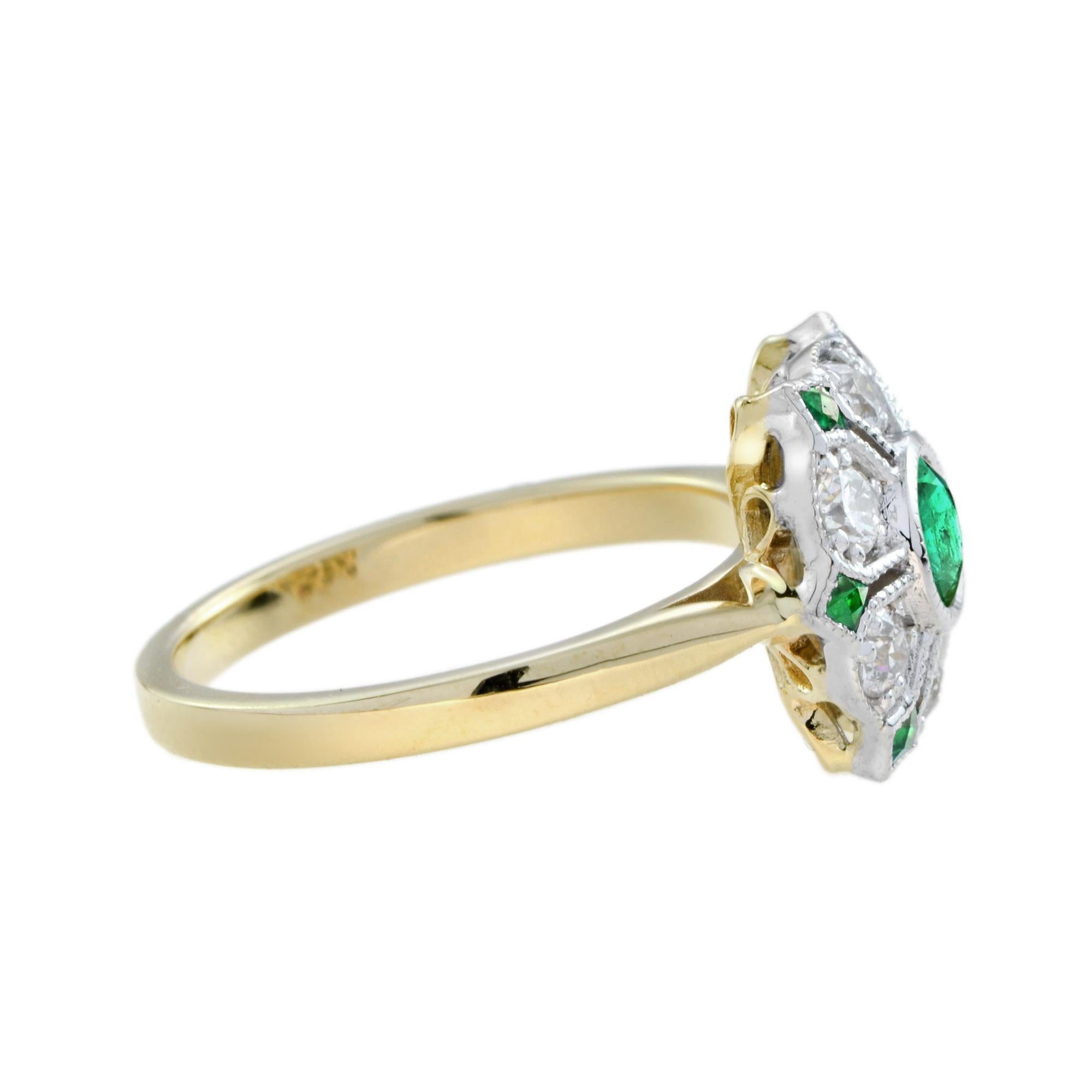 Art Deco Emerald and Diamond Antique Style Floral Cluster Ring in 18K Two Tone Gold For Sale