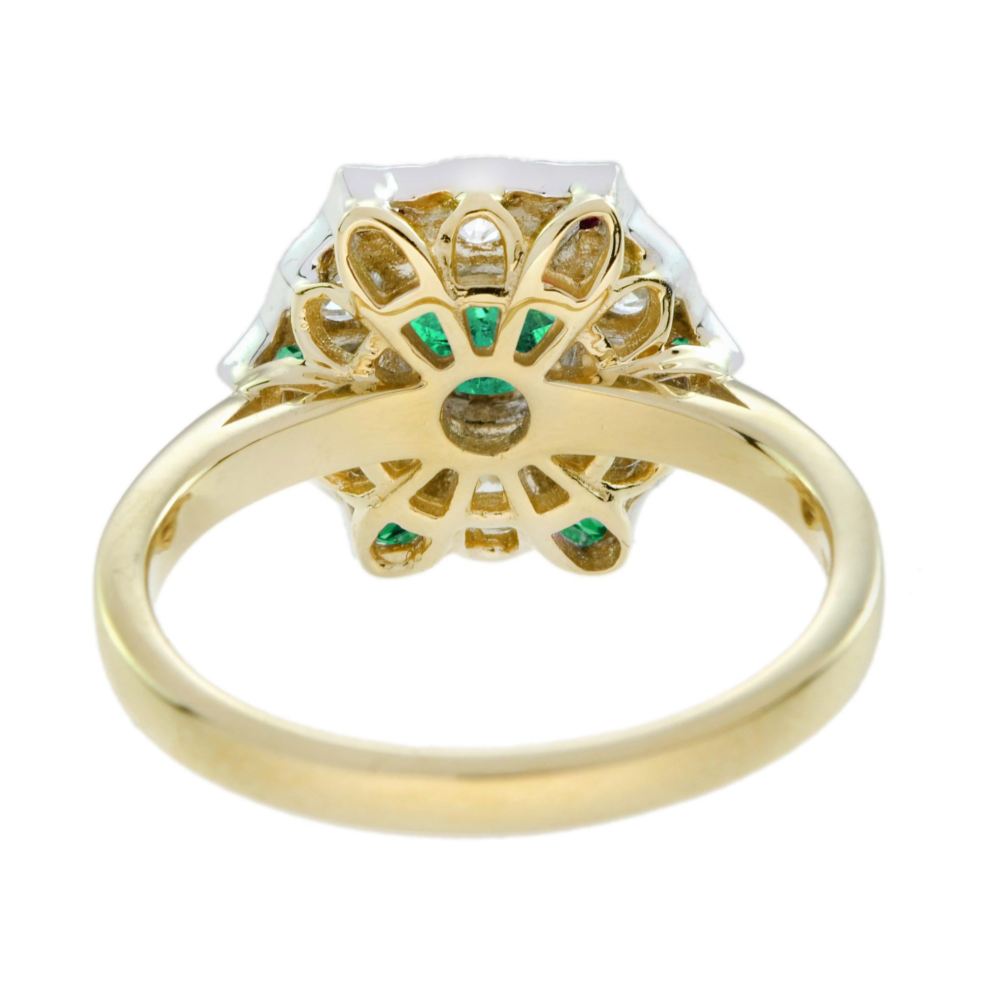 Round Cut Emerald and Diamond Antique Style Floral Cluster Ring in 18K Two Tone Gold For Sale