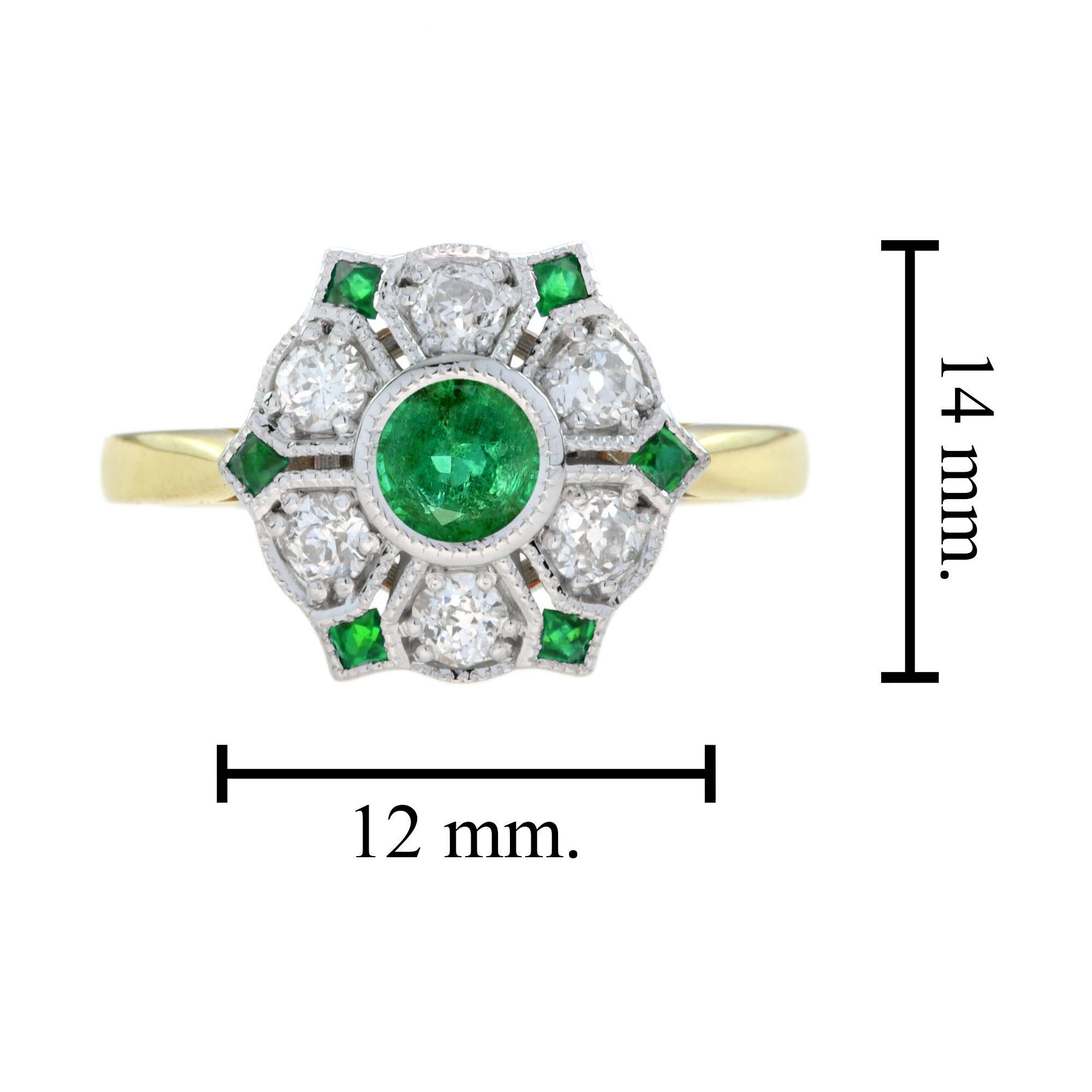 Women's or Men's Emerald and Diamond Antique Style Floral Cluster Ring in 18K Two Tone Gold For Sale