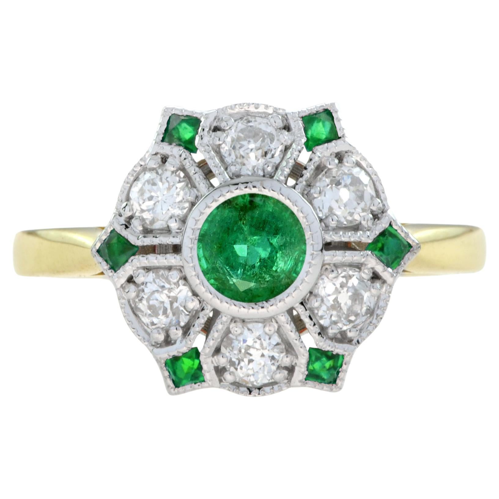 Emerald and Diamond Antique Style Floral Cluster Ring in 18K Two Tone Gold For Sale