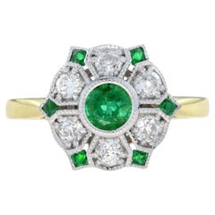 Emerald and Diamond Antique Style Floral Cluster Ring in 18K Two Tone Gold