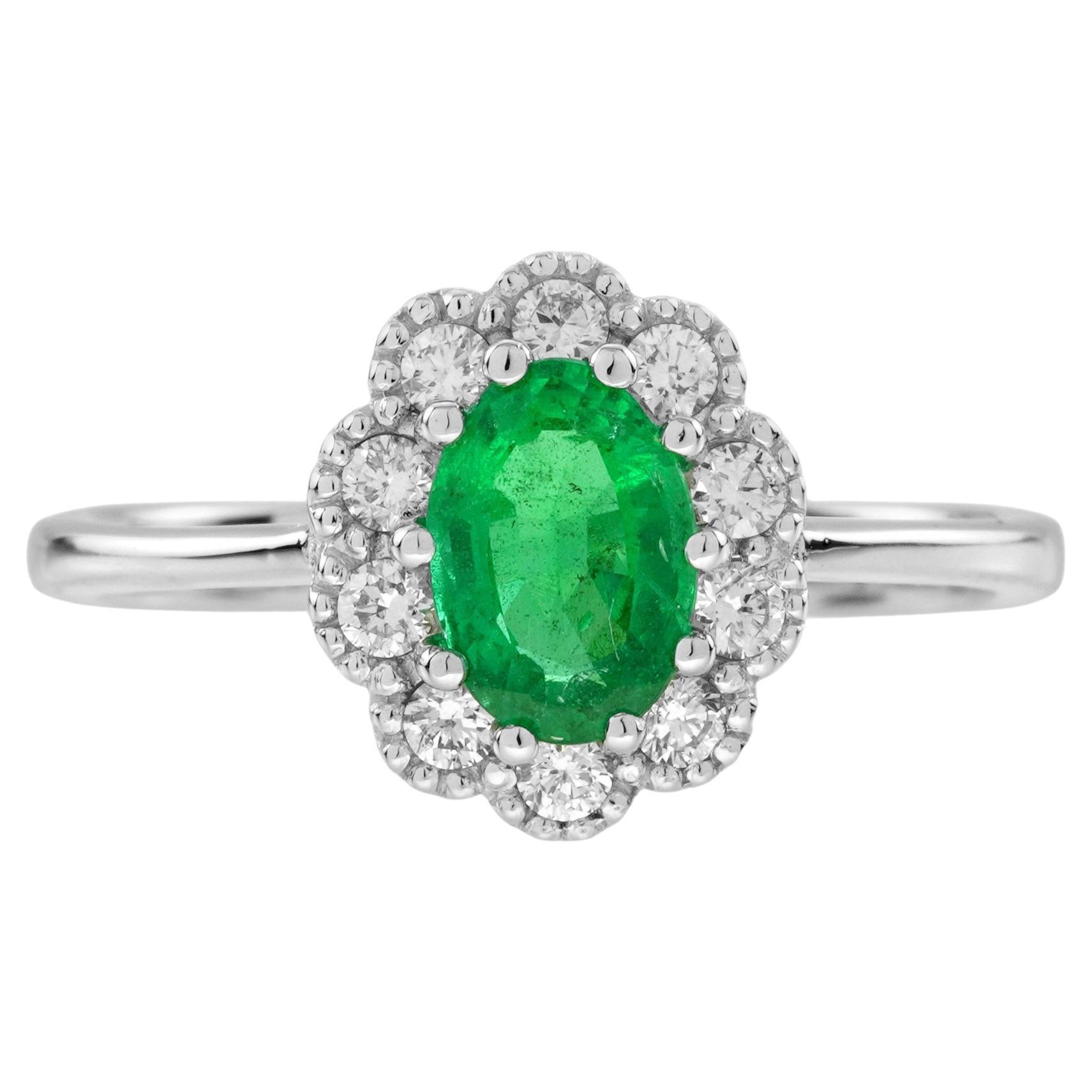 Emerald and Diamond Antique Style Halo Engagement Ring in 14K White Gold
