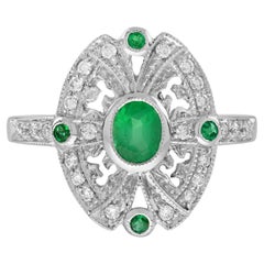 Anillo Halo de Esmeralda y Diamante Estilo Antiguo en Oro Blanco de 14 K