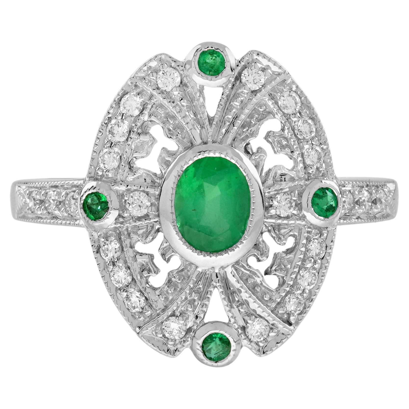 Anello con smeraldo e diamante in stile antico in oro bianco 14 carati