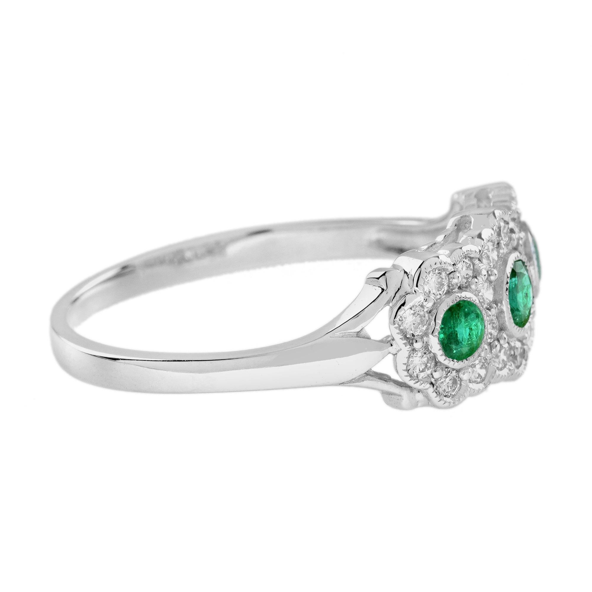 Round Cut Emerald and Diamond Antique Style Three Stone Ring in 14K White Gold For Sale