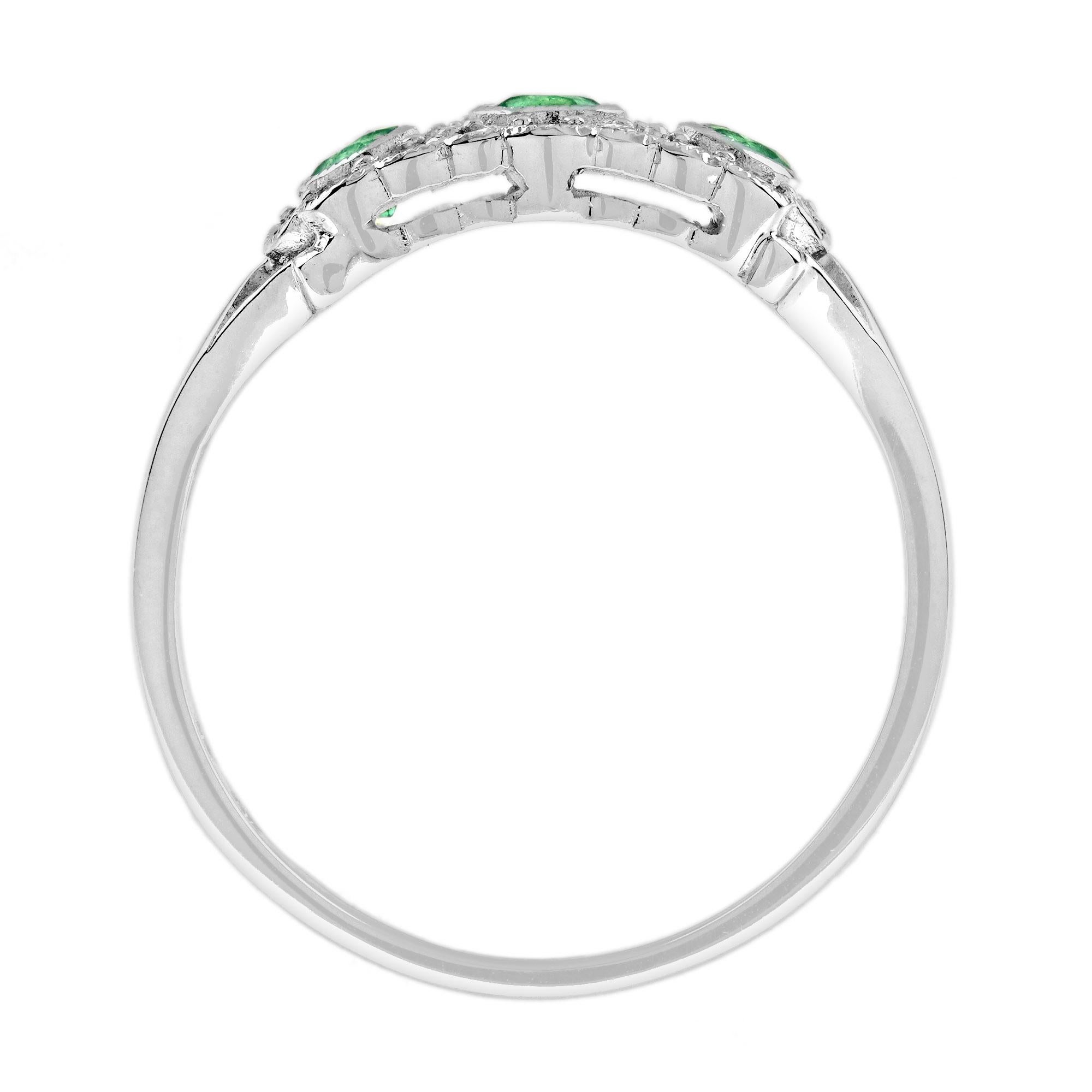 Women's Emerald and Diamond Antique Style Three Stone Ring in 14K White Gold For Sale