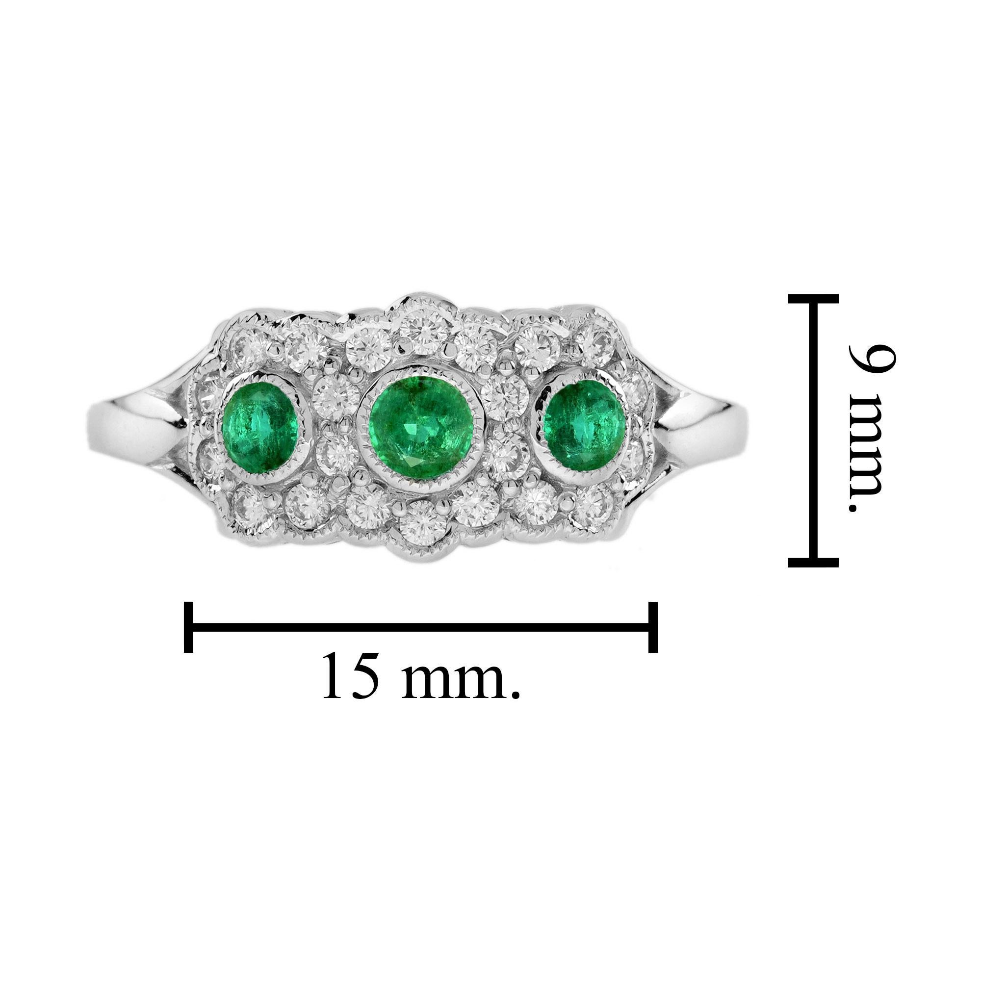 Emerald and Diamond Antique Style Three Stone Ring in 14K White Gold For Sale 1