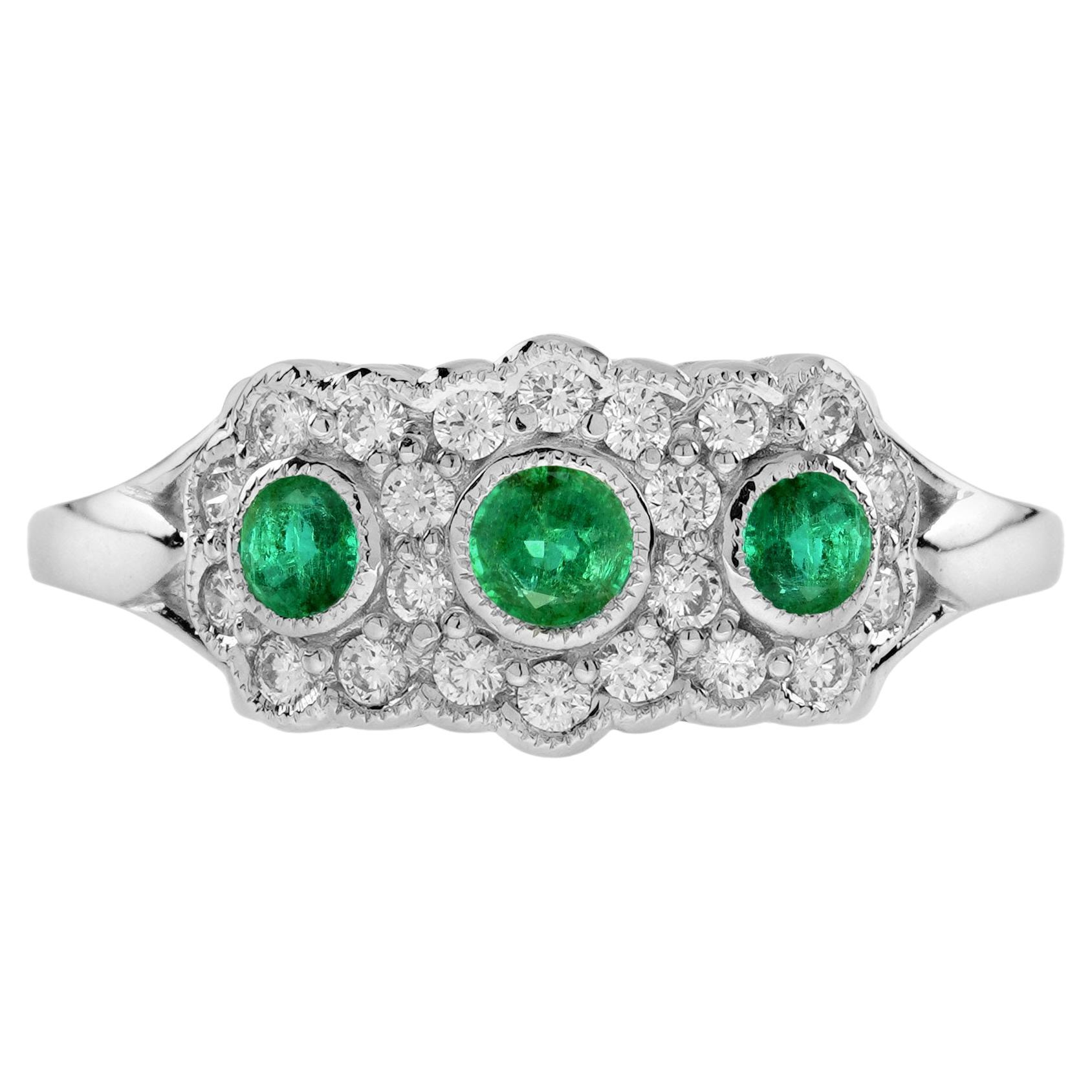 Emerald and Diamond Antique Style Three Stone Ring in 14K White Gold For Sale