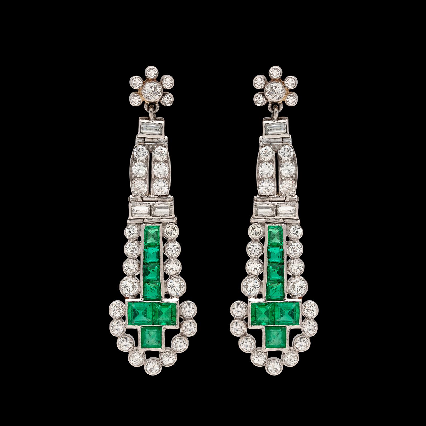 Emerald Cut Emerald and Diamond Art Deco Platinum Drop Earrings