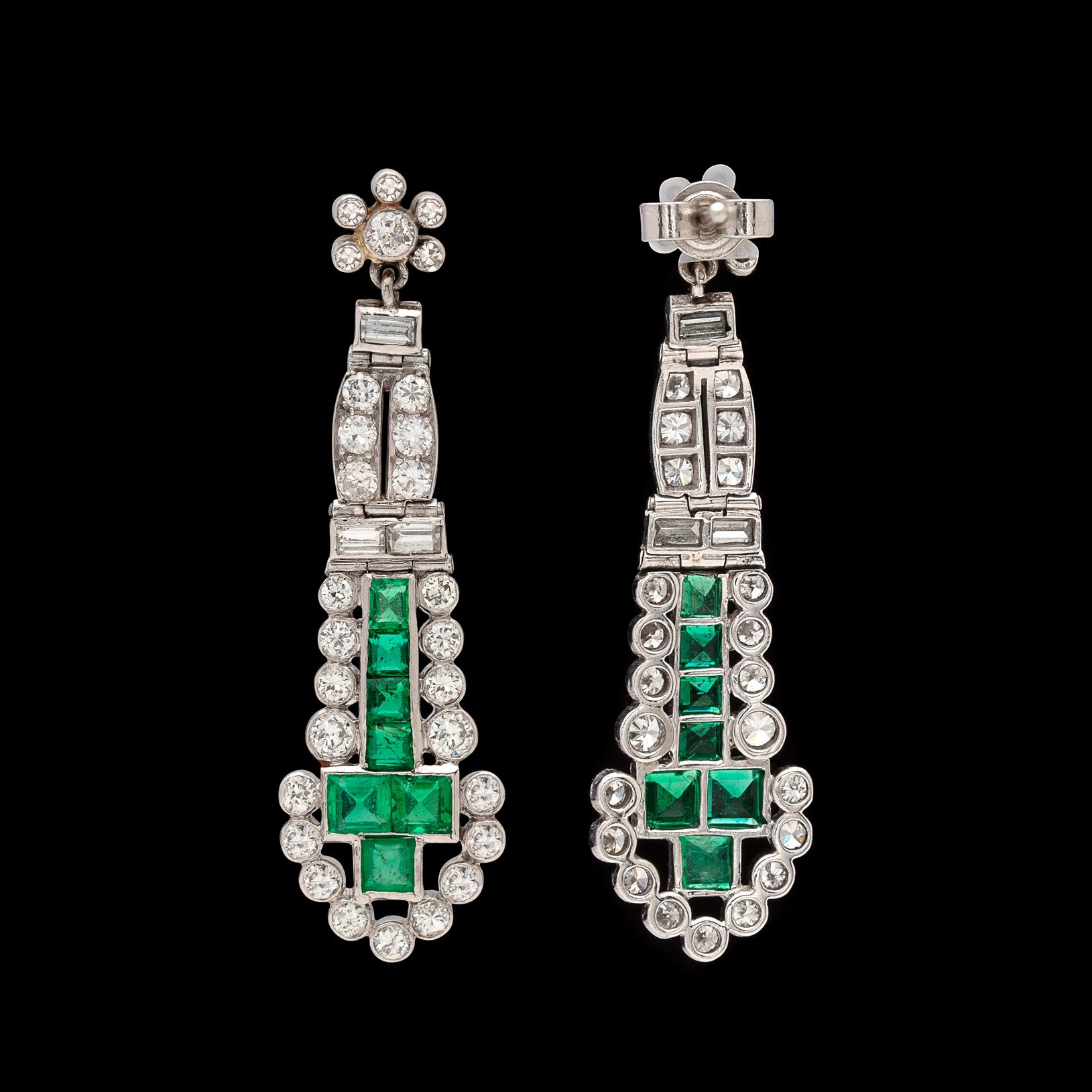 Women's Emerald and Diamond Art Deco Platinum Drop Earrings