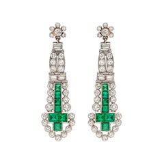 Emerald and Diamond Art Deco Platinum Drop Earrings
