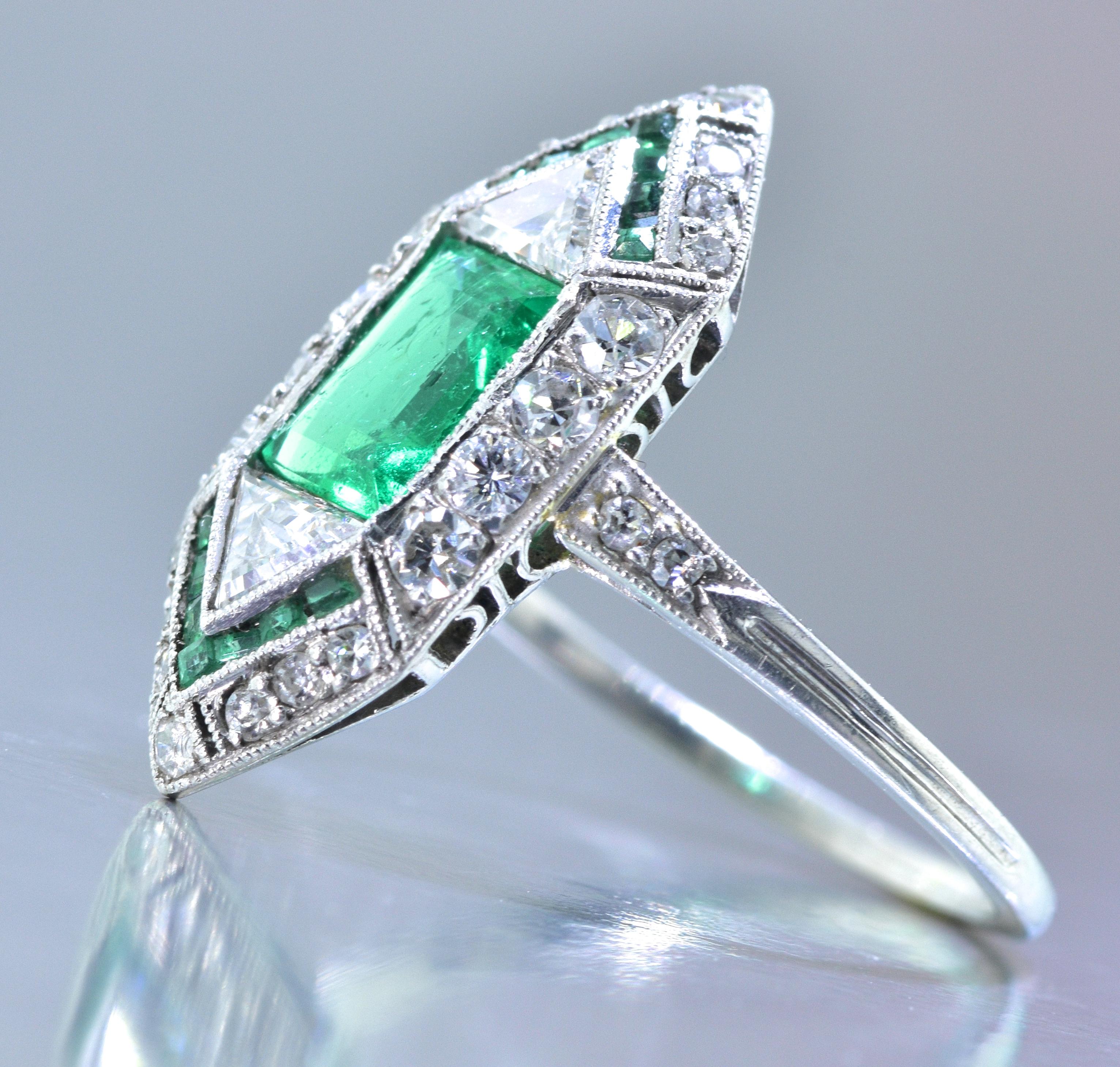 Emerald Cut Emerald and Diamond Art Deco Platinum Ring, circa 1925