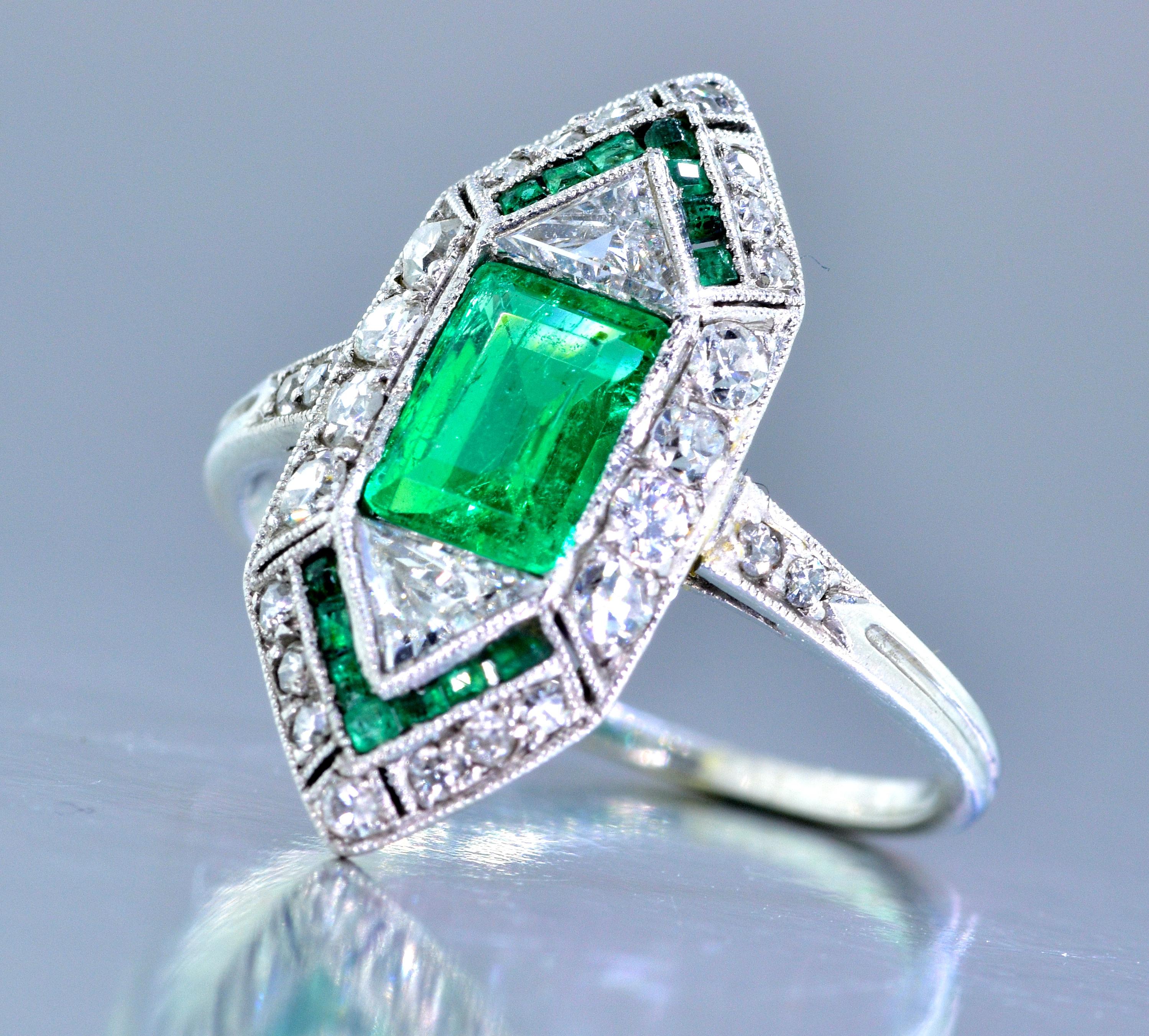 Women's Emerald and Diamond Art Deco Platinum Ring, circa 1925