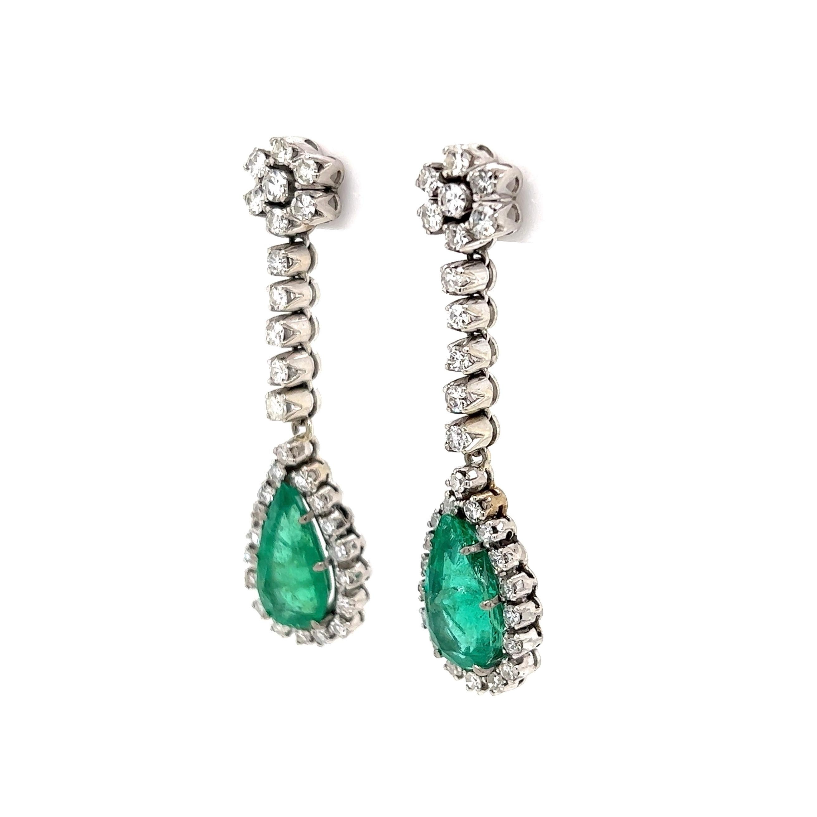 Emerald and Diamond Art Deco Revival Gold Drop Earrings Estate Fine Jewelry For Sale 2
