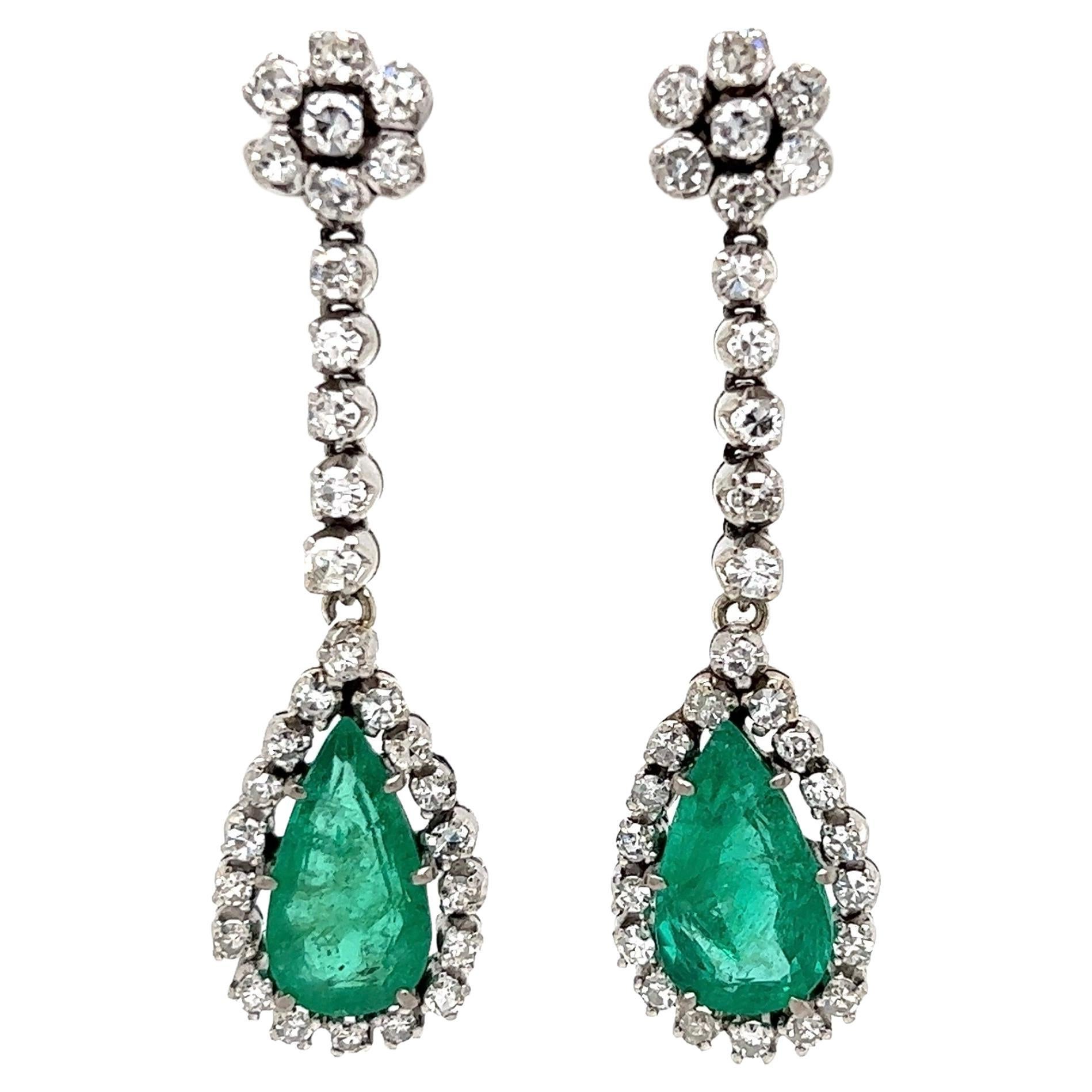 Emerald and Diamond Art Deco Revival Gold Drop Earrings Estate Fine Jewelry For Sale