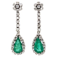 Emerald and Diamond Art Deco Revival Gold Drop Earrings Estate Fine Jewelry