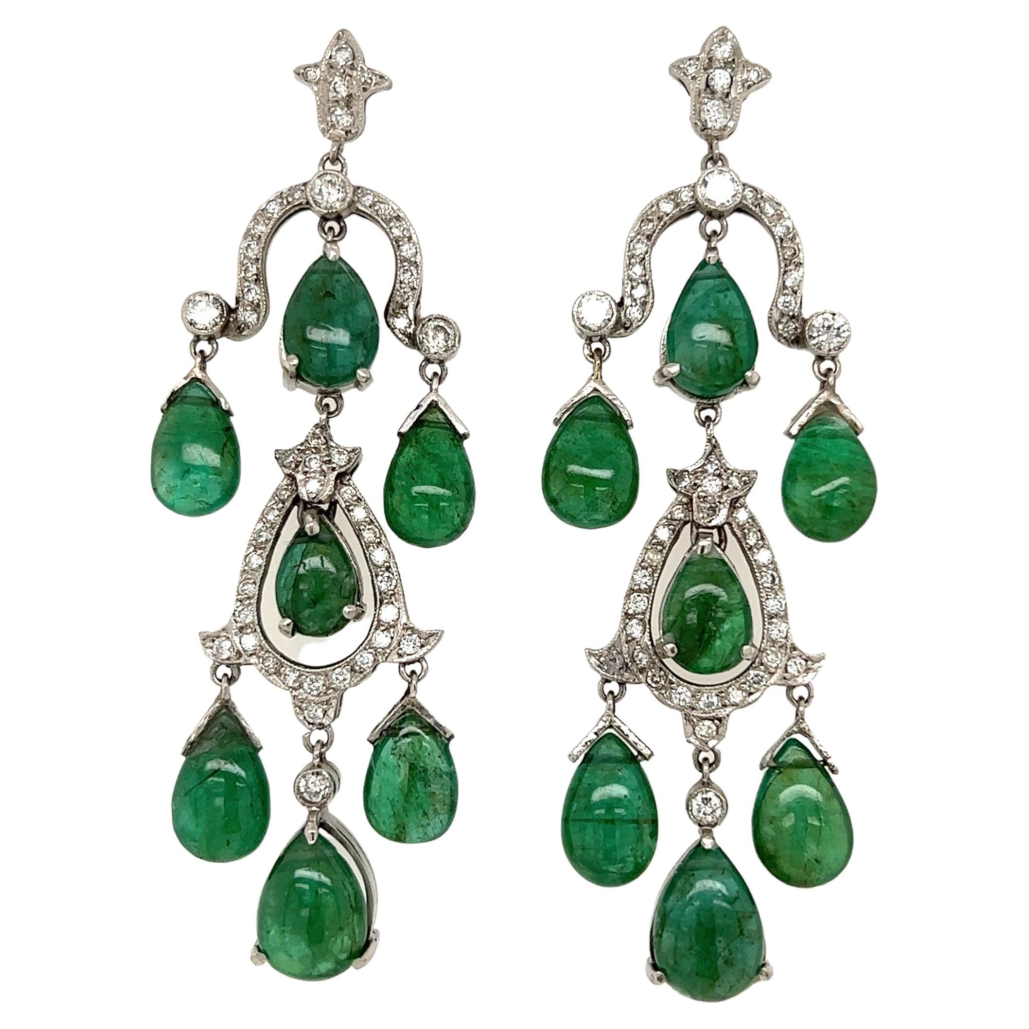 Art Deco Emerald Diamond Platinum Drop Earrings For Sale at 1stDibs