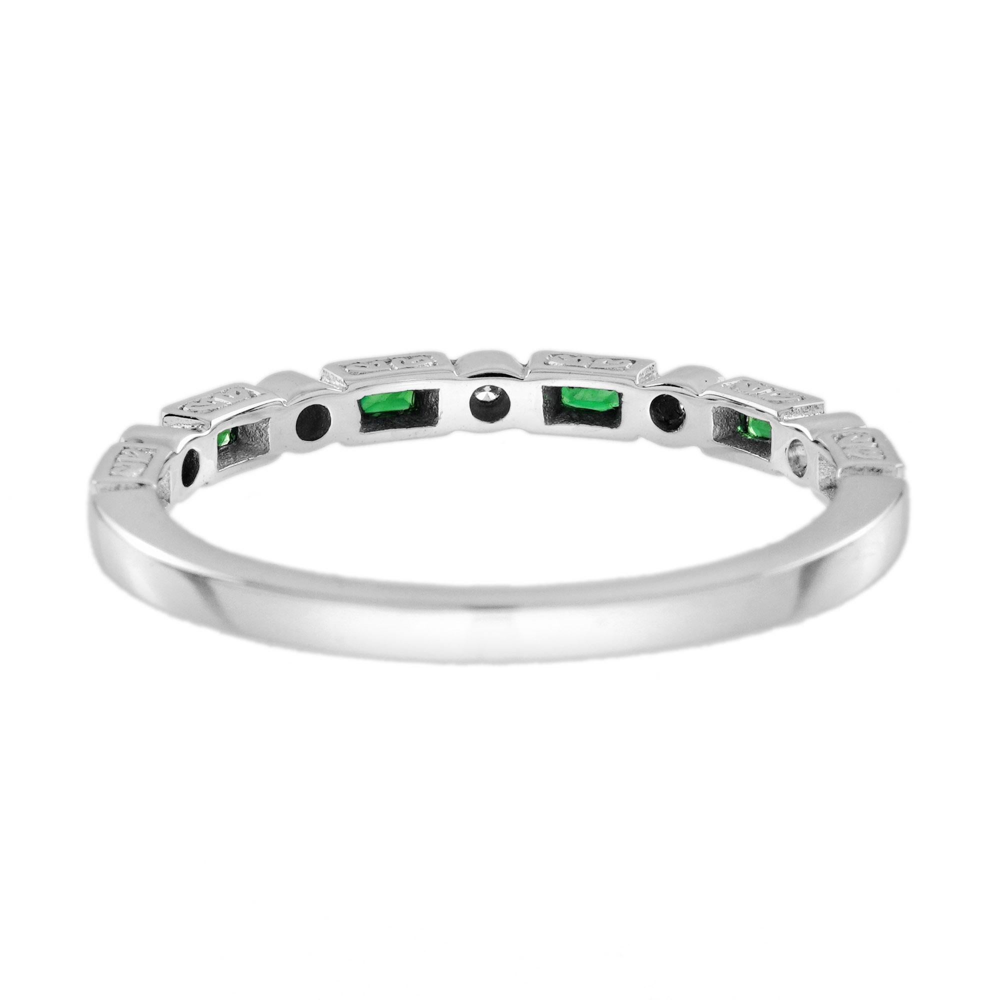 Women's Emerald and Diamond Art Deco Style Band Ring in 9K White Gold For Sale