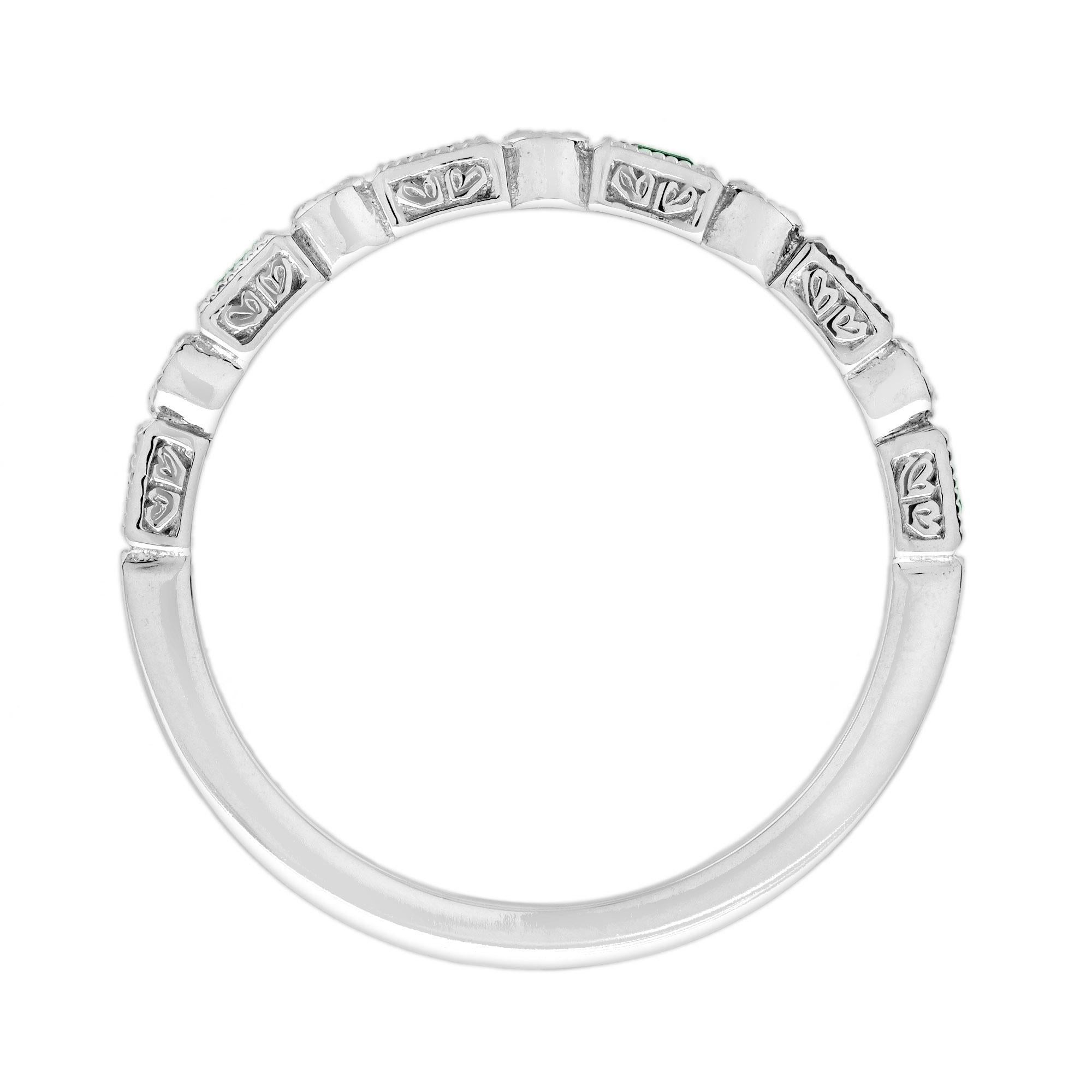 Emerald and Diamond Art Deco Style Band Ring in 9K White Gold For Sale 1