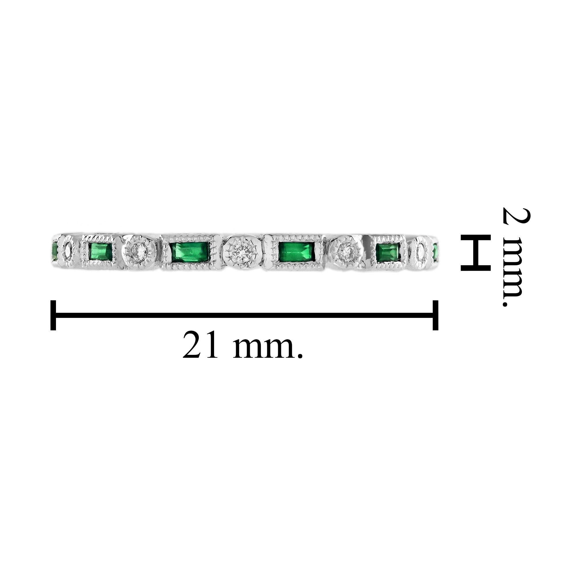 Emerald and Diamond Art Deco Style Band Ring in 9K White Gold For Sale 2