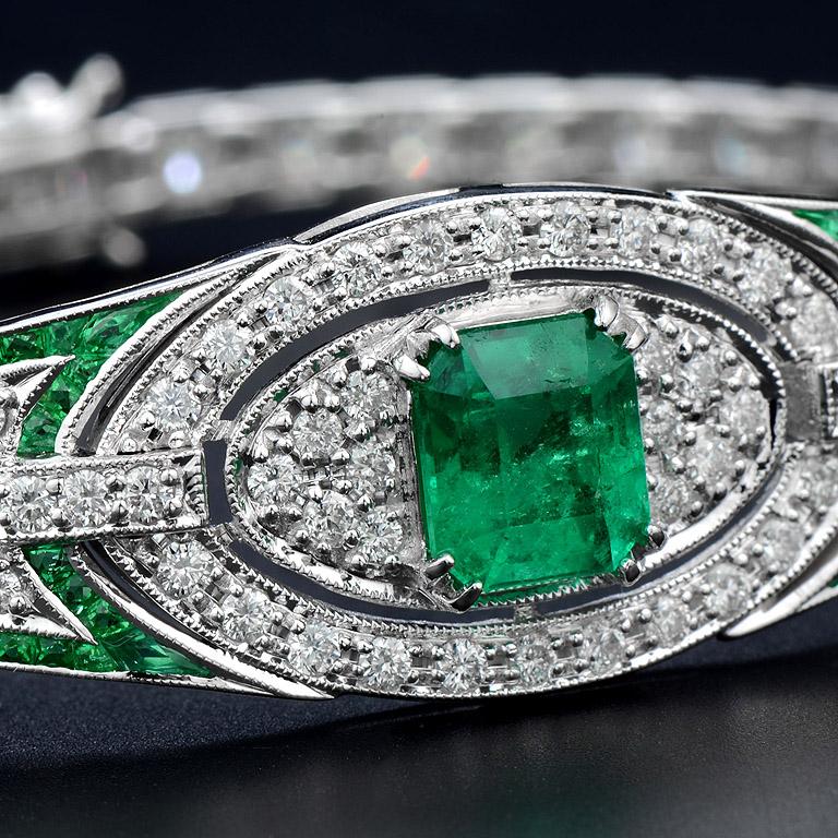 Octagon Cut Emerald and Diamond Art Deco Style Bracelet in 18K White Gold For Sale