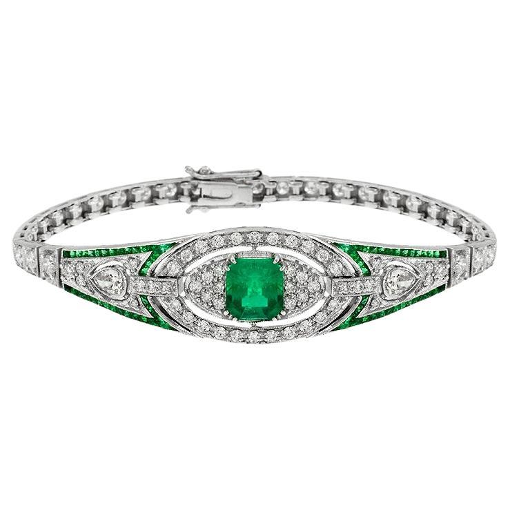 Emerald and Diamond Art Deco Style Bracelet in 18K White Gold For Sale