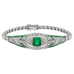 Emerald and Diamond Art Deco Style Bracelet in 18K White Gold